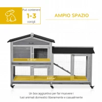 PawHut Conigliera a 2 Livelli con Rete Protettiva e Rotelle in Legno e Metallo, 157.4x53x99.5 cm, Grigio(m-4)