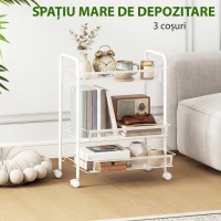 HOMCOM Cărucior de bucătărie cu 3 niveluri, coșuri detașabile și 4 roți, din oțel și plastic PP, 41,5 x 26,5 x 63 cm, alb(m-4)