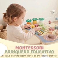 AIYAPLAY Mesa de Atividades em Madeira para Bebé 1-3 Anos, Montessori 6 em 1 com Engrenagens, Labirinto de Contas e Relógio(m-7)