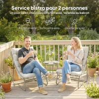Outsunny Salon bistro 3 pièces pour 2 personnes, table ronde et chaises d'extérieur avec assise en textilène et coussins, gris clair(m-4)