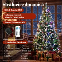 HOMCOM Brad de Crăciun Nins 180 cm, 250 LED-uri Bicolore, Telecomandă, 11 Moduri, 840 Ramuri, Conuri, Bobițe Roșii(m-5)