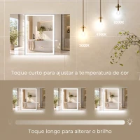 HOMCOM Armário de Casa de Banho com Espelho LED, Tomada Integrada, 3 Portas, Antiembaciamento e Prateleiras Ajustáveis em Vidro Temperado, Branco(m-4)