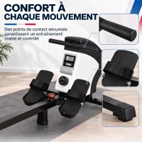 Rameur d'appartement pliable - Aosom.fr x FFHandball - 8 niveaux de résistance magnétique, écran LCD - acier noir blanc(m-7)
