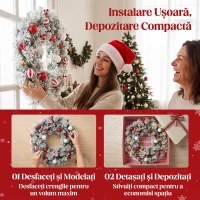 HOMCOM Coroniță de Crăciun Înzăpezită, 60 cm, cu Lumini LED, 8 Moduri, 140 Ramuri, 8 Fructe Roșii și 15 Globuri Decorative, Verde(m-7)