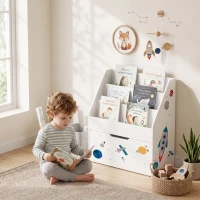 AIYAPLAY Libreria per bambini con cassetto mobile, 3 ripiani, 3-8 anni, bianco(m-11)