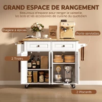 HOMCOM Îlot Central Cuisine avec Plateau en Hévéa, Desserte de Cuisine sur Roulettes avec 2 Tiroirs, 111 x 44,5 x 82,5cm, blanc(m-6)
