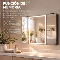 HOMCOM Armario de Baño con Espejo de LED Toma de Corriente 3 Puertas Antivaho Estantes Ajustables de Vidrio Templado Negro(m-5)