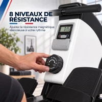 Rameur d'appartement pliable - Aosom.fr x FFHandball - 8 niveaux de résistance magnétique, écran LCD - acier noir blanc(m-5)