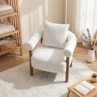 HOMCOM Poltrona em Tecido Teddy para Sala com Almofada Lombar, Assento Espesso e Estrutura em Madeira, Creme(m-4)