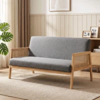 HOMCOM Sofá de 3 Plazas Tapizado en Lino con Detalles Ratán Sintético Estructura de Madera Carga 330 kg 149x77x77 cm Gris(m-10)