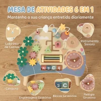 AIYAPLAY Mesa de Atividades em Madeira para Bebé 1-3 Anos, Montessori 6 em 1 com Engrenagens, Labirinto de Contas e Relógio(m-5)