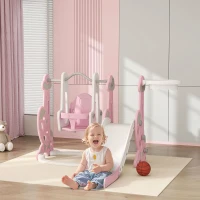 AIYAPLAY Escorrega Infantil 4 em 1 Parque Infantil com Baloiço e Escorrega Escalador Cesto de Basquetebol 147,5x160x107 cm Rosa(m-2)