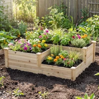 Outsunny Carré potager en bois jardinière extérieure en escalier 3 niveaux design sans fond 108 x 88 x 36 cm bois naturel(m-15)
