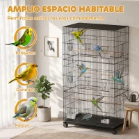 PawHut Jaula Grande para Pájaros con Ruedas 6 Comederos Bandeja Extraíble Múltiples Puertas 3 Perchas 77x46,5x141 cm Negro(m-10)