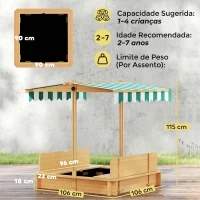 Outsunny Caixa de Areia para Crianças de Madeira com Toldo Ajustável em Altura 2 Bancos e Encostos para Jardim 106x106x121 cm Natural(m-3)