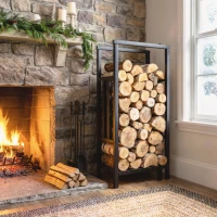 Outsunny Leñero Exterior de Acero Robusto para Leña con Ancho Alto Ajustables Carga 100 kg 45,5-75,5x25x98-170 cm Negro(m-7)