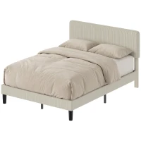 HOMCOM Cadre de Lit 140 x 190 cm avec Sommier, Tête Réglable, Lit Double Rembourré en Velours Côtelé, Sans Bruit, Gris Clair(m-17)