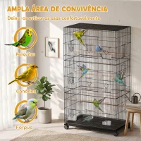 PawHut Gaiola Grande para Pássaros com Rodas, 6 Comedouros, Tabuleiro Amovível, Várias Portas, 3 Poleiros, 77x46,5x141 cm, Preta(m-4)