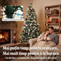 HOMCOM Brad de Crăciun Nins 180 cm, 250 LED-uri Bicolore, Telecomandă, 11 Moduri, 840 Ramuri, Conuri, Bobițe Roșii(m-7)