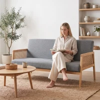 HOMCOM Sofá de 3 Lugares em Tecido Efeito Linho com Detalhes em Vime Sintético Estrutura em Madeira 330 kg 149x77x77 cm Cinza(m-8)