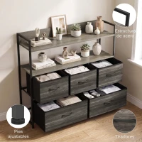 HOMCOM Cajonera de Tela Cómoda de Dormitorio con 5 Cajones y Estantes Estructura de Acero Estilo Industrial Gris(m-7)
