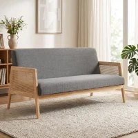 HOMCOM Sofá de 3 Plazas Tapizado en Lino con Detalles Ratán Sintético Estructura de Madera Carga 330 kg 149x77x77 cm Gris(m-2)