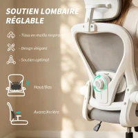 HOMCOM Chaise de Bureau Ergonomique, Fauteuil de Bureau en Maille avec Appui-Tête et Soutien Lombaire Réglables, Gris(m-5)