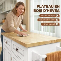 HOMCOM Îlot Central Cuisine avec Plateau en Hévéa, Desserte de Cuisine sur Roulettes avec 2 Tiroirs, 111 x 44,5 x 82,5cm, blanc(m-4)