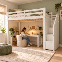 Hoogslaper voor matras 90×200 cm met vaste lattenbodem, rondom veiligheidshek en trap met geïntegreerde opbergruimte, draagvermogen 120 kg, wit(m-4)