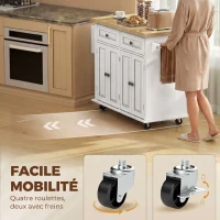 HOMCOM Îlot Central Cuisine avec Plateau en Hévéa, Desserte de Cuisine sur Roulettes avec 2 Tiroirs, 111 x 44,5 x 82,5cm, blanc(m-7)