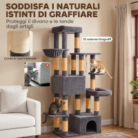 PawHut Tiragraffi per Gatti Alto 180 cm Multilivello, 13 Pali, 2 Casette, Amaca, Lettini, Grigio Scuro(m-6)