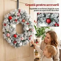 HOMCOM Coroniță de Crăciun Înzăpezită, 60 cm, cu Lumini LED, 8 Moduri, 140 Ramuri, 8 Fructe Roșii și 15 Globuri Decorative, Verde(m-6)