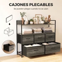 HOMCOM Cajonera de Tela Cómoda de Dormitorio con 5 Cajones y Estantes Estructura de Acero Estilo Industrial Gris(m-6)