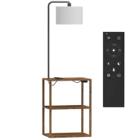 HOMCOM Dimmable Floor Lamp with Shelves, Charging Station, 3-Tier Storage Table, Adjustable Fabric Lampshade, Rustic Brown(m-1)