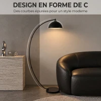 HOMCOM Lampadaire en C, Lampe Sur Pied Salon 178H cm, Abat‑Jour Réfléchissant, Interrupteur au Pied, Base en Marbre, Noir(m-4)