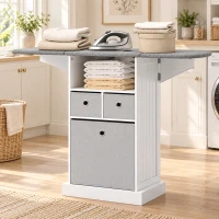 HOMCOM Mobilier pliabil pentru călcat pe roți, cu raft deschis și 3 sertare, 121x37x89,5 cm, alb și gri(m-9)
