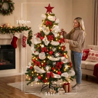HOMCOM Árbol de Navidad Predecorado 180 cm con 200 LED 8 Modos 800 Ramas Mando y Base Plegable Funciona con USB Verde y Rojo(m-3)