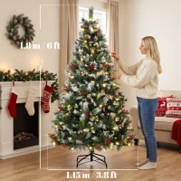 HOMCOM Brad de Crăciun Nins 180 cm, 250 LED-uri Bicolore, Telecomandă, 11 Moduri, 840 Ramuri, Conuri, Bobițe Roșii(m-3)