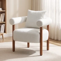 HOMCOM Poltrona em Tecido Teddy para Sala com Almofada Lombar, Assento Espesso e Estrutura em Madeira, Creme(m-6)