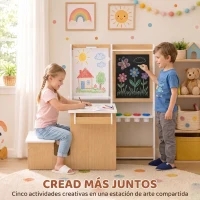 AIYAPLAY Mesa Infantil con Silla 5 en 1 con Pizarra Negra/Blanca y Rollo de Papel Almacenaje 4 Vasos de Pintura 3-8 Años Blanco(m-4)