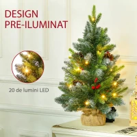 HOMCOM Mini Brad de Crăciun 60 cm cu lumini LED, 141 ramuri, conuri de pin, bobițe roșii, bază din ciment, verde(m-4)
