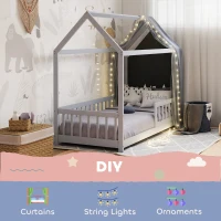 HOMCOM House-Shaped Kids Bed Frame with Guard Rails, Solid Pine Wood Single Bed Frame for Kids Boys and Girls, Grey(m-5)