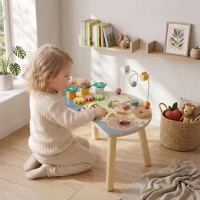 AIYAPLAY Mesa de Atividades em Madeira para Bebé 1-3 Anos, Montessori 6 em 1 com Engrenagens, Labirinto de Contas e Relógio(m-9)