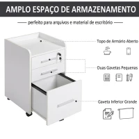 HOMCOM Gaveteiro de Secretária com Rodas e 3 Gavetas, Fechadura e 2 Chaves, Barras Ajustáveis para Arquivos, 39,2x40x65,4 cm, Branco(m-4)