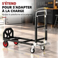 HOMCOM Diable Pliable 2 en 1 Extensible 220KG Pliage Plat Chariot Plateforme Acier Poignée Réglable Roues 360° 112x41x92cm Noir(m-6)