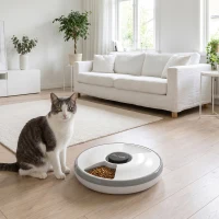 PawHut Voederautomaat, draadloze automatische voerbak met timer tot 6 maaltijden, LED-display, koelpack, grijs(m-9)