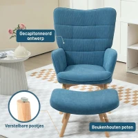 HOMCOM Accentstoel met Hocker, Relaxfauteuil in Corduroy-Look, Armstoel met Houten Poten, voor Woonkamer, Blauw(m-5)