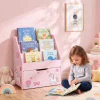 AIYAPLAY Librería Infantil con Cajón Móvil y 3 Estantes Estantería para Libros Diseño de Unicornio Montessori 3 a 8 Años Rosa(m-10)