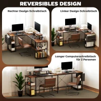 HOMCOM L-vormig bureau, veelzijdige kantoortafel met verstelbare planken en opbergtas, monitorstandaard, Bruin(m-5)