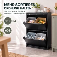 HOMCOM Szafka na śmieci 60 l z uchylnymi klapkami, 4-komorowy kosz do recyklingu, wąski, Soft-Close, wyjmowane wkłady, czarny(m-4)